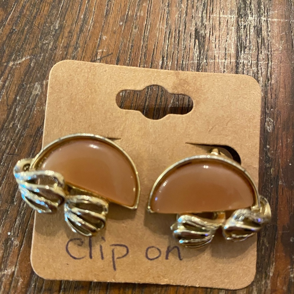 Vintage Coro Gold Tone Half Moon Peach Tan Thermoplastic Clip On Earrings